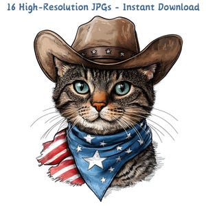Patriottische aquarel kat clipart met cowboyhoed en vlag bandana, 16 JPG-bestanden, 4 juli schattige Americana Cat Art, digitale download