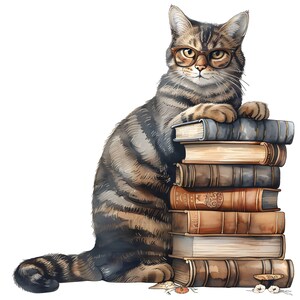 Clipart de gato con libros: 12 imágenes PNG, uso comercial (descarga digital)