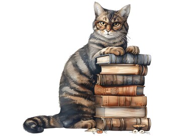 Cat With Books Clipart: 12 PNG Images, Commercial Use (Digital Download)