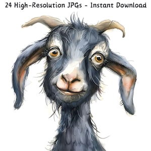 Clipart lunatique drôle de chèvre à l'aquarelle, animal de ferme original avec une expression hilarante, illustration mignonne de chèvre, 24 JPG, usage commercial