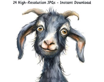 Watercolor Funny Goat Clipart: Whimsical Farm Animal Illustration (24 JPG)