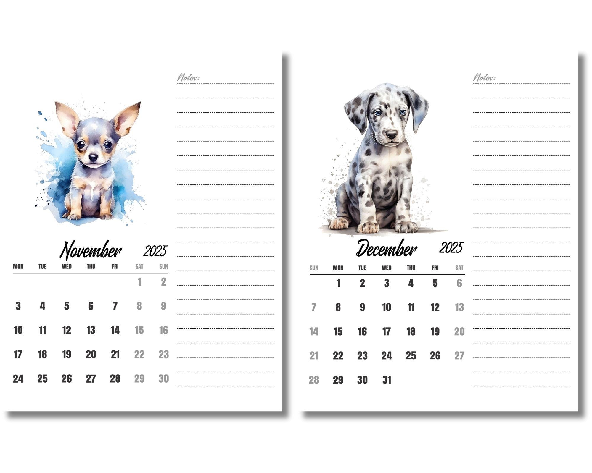 Watercolor Puppy Calendar 2025, Cute Puppies Calendar, Monday Sunday Start, Printable Monthly