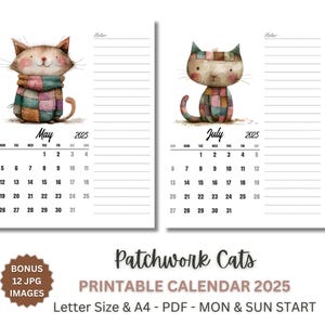 2025 Monthly Planner Printable with Patchwork Cats, A4 & US Letter, Monday and Sunday Start, PDF and JPG Calendar, Digital Download