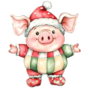 Clipart de cerdo navideño, 14 JPG, acuarela de cerdo lindo, patchwork, manualidades de papel, fabricación de tarjetas, álbumes de recortes, descarga digital, uso comercial