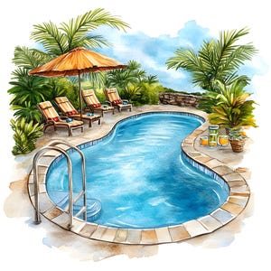 Clipart di piscina tropicale, 16 JPG, Clip art estiva ad acquerello stampabile, creazione di biglietti, artigianato di carta, album di ritagli, download digitale, uso commerciale