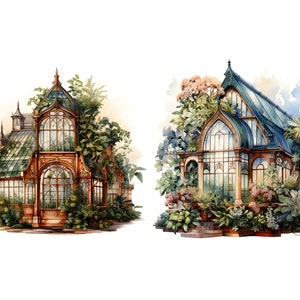 K&ouml;nnte beinhalten: Zwei verzierte Glasgew&auml;chsh&auml;user mit filigranen Details, eines mit einem braunen Holzrahmen und das andere mit einem gr&uuml;nen Metallrahmen, umgeben von &uuml;ppigem Gr&uuml;n.