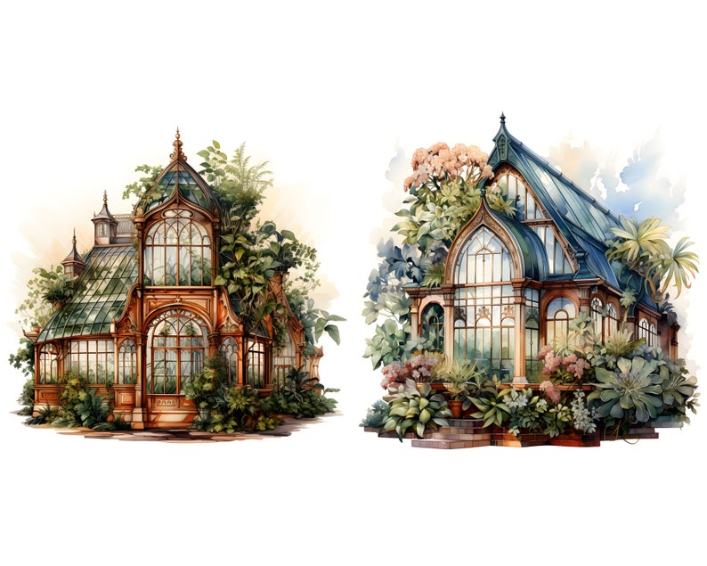 K&ouml;nnte beinhalten: Zwei verzierte Glasgew&auml;chsh&auml;user mit filigranen Details, eines mit einem braunen Holzrahmen und das andere mit einem gr&uuml;nen Metallrahmen, umgeben von &uuml;ppigem Gr&uuml;n.