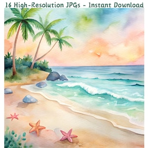 Papel digital de acuarela de playa tropical, fondos costeros en tonos pastel suaves, álbum de recortes digital de verano oceánico, paquete JPG de escenas de playa