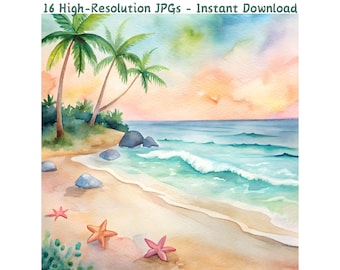 Watercolor Beach Digital Paper: Tropical Coastal Backgrounds (JPG Pack)