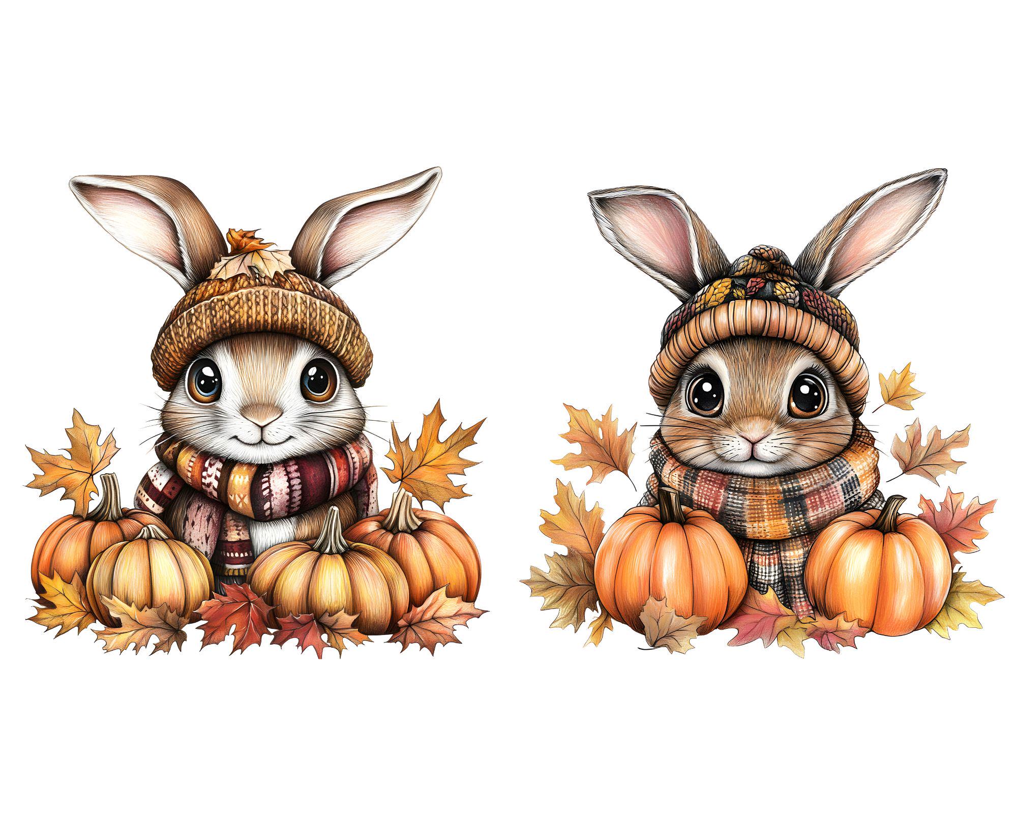 Autumn Bunny Clipart, Fall Animals With Pumpkins (digital Download - Etsy
