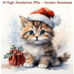 Chat de Noël aquarelle avec chapeau et cadeaux des cliparts, clip des fêtes pour projets de bricolage, cartes, scrapbooking, décorations, 24 fichiers JPG