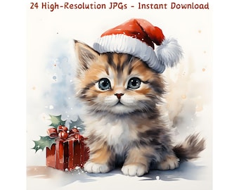 Watercolor Christmas Cat Clipart: Holiday DIY Graphics (24 JPG Files)