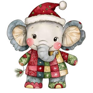 Może przedstawiać: Słodki kreskówkowy słoń w czerwono-białym kapeluszu Świętego Mikołaja i kolorowej patchworkowej sukience. Słoń ma duże uszy i słodki uśmiech.