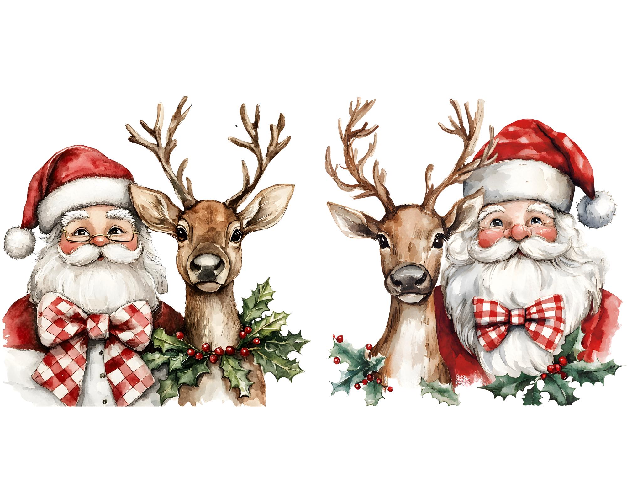 Watercolor Santa & Reindeer Clipart – 12 PNG Christmas Holiday Art ...