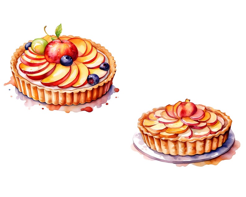 Watercolor Apple Tart Clipart, 16 PNG, Fruit Tart, Food Clipart