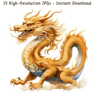 Aquarell Goldener chinesischer Drache Clipart, 15 JPG-Dateien, handbemalte traditionelle Drachenkunst, perfekt für Custom Designs & DIY-Projekte