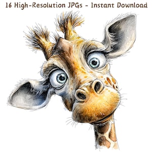 Lustige Giraffe Aquarell Clipart | Skurrile schrullige niedliche Tierkunst | Safari Illustration | 16 JPG-Dateien | Junk Journal | | Sofort Download