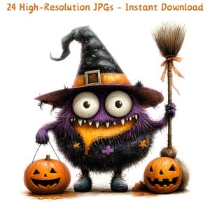 Skurril Halloween lustige Monster Clipart, süßes gruseliges Monster mit Kürbis, 24 JPG Dateien, Scrapbook Art, digitaler Download, kommerzielle Nutzung
