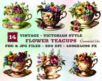 Vintage Floral Teacup Clipart: Watercolor Flower Tea (14 PNG & JPG)