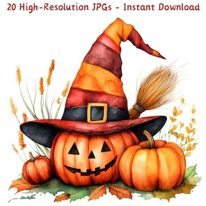 Akwarela Halloween Dynia Z Kapeluszem Wiedźmy Clipart, Upiorna Jesienna Sztuka Jesienna, 20 Plików JPG, Natychmiastowe Pobieranie, Użytkowanie Komercyjne