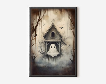 May include: A spooky, dilapidated house with a ghost peering out of a window, set against a backdrop of dark, misty woods. The house is surrounded by bare trees and hanging vines, creating an eerie atmosphere.
