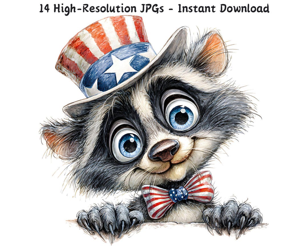 Sam The Racoon Patriotic Raccoon Clipart: Uncle Sam Hat, 4th of July Art (digital ...