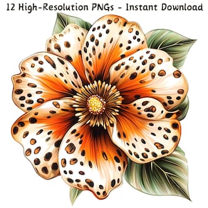 Flor elegante em aquarela com estampa de leopardo Clipart, Download digital floral chique, 12 PNG de sublimação, Download digital, Uso comercial
