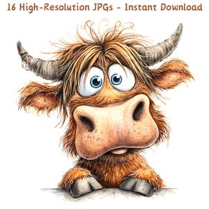May include: A whimsical watercolor illustration of a Highland cow with large blue eyes and a surprised expression. The cow has shaggy brown fur, large horns, and a prominent nose. Text at the top reads "16 High-Resolution JPGs - Instant Download."