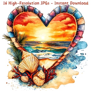 Clipart de cena de praia em forma de coração em aquarela, pôr do sol vibrante com conchas, coral na areia JPG, arte digital para scrapbook, criação de cartões, artesanato