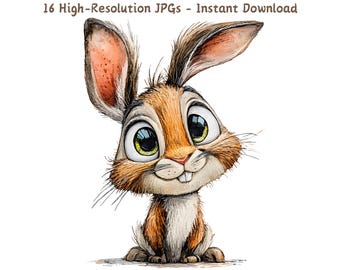 Clipart de acuarela de conejito divertido: Ilustraciones de conejos caprichosos (16 archivos JPG, descarga digital)