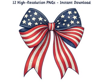American Flag Bow Clipart: 4th of July Patriotic 12 PNG (Instant Download)