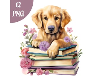 Golden Retriever Clipart: Puppy on Books PNG (Digital Download)