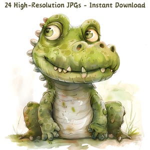 Grappige grillige groene krokodil clipart, handgetekende aquarel JPG voor ambachten, scrapbooking, kaarten maken, digitale download, commercieel gebruik
