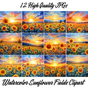 Clipart champ de tournesols, 12 fichiers JPG, aquarelles de tournesols, clipart tournesols, fleurs d'automne, album de scrapbooking, créations numériques sur papier, usage commercial