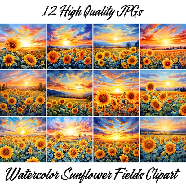 Sunflower Field Clipart, 12 JPGs, Watercolor Sunflowers, Sunflowers Clip Art, Autumn Flowers, Scrapbook, Digital Paper Craft, Commercial Use