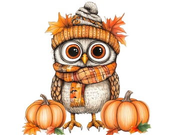 Autumn Owl Clipart, Fall Pumpkin, Maple Leaves (Digital Download)