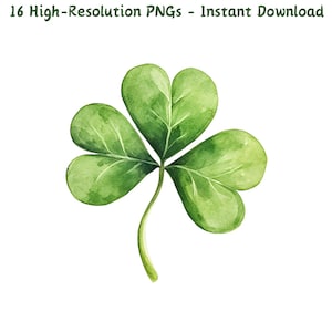 Clipart trèfle aquarelle, 16 PNG, trèfle à trois feuilles, Saint-Patrick, sublimation, fabrication de cartes, scrapbooking, téléchargement numérique