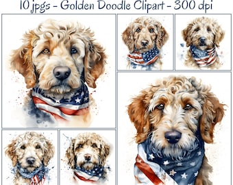 Watercolor Patriotic Golden Doodle Clipart, 10 High-Quality JPGs, 4th Of July Clipart, Wall Art, Digital Clipart, Commercial Use