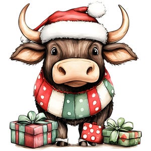 Peut inclure: Un taureau brun portant un bonnet de Père Noël rouge et blanc et une écharpe verte et rouge à pois blancs. Le taureau tient trois cadeaux emballés, un rouge, un vert et un rouge à pois blancs.