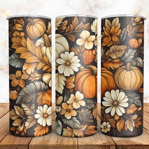 Fall Tumbler Wrap, Sublimation PNG, Autumn Pumpkins Leaves and Flowers, Seamless Design, Straight And Tapered, Digital Download