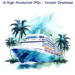 Watercolor Cruise Ship Clipart, Nautical Travel Boat Art, 20 JPG Files, Ocean Holiday Illustration for DIY Projects, Digital Download