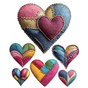 Può includere: Una collezione di cuori patchwork colorati. I cuori presentano varie trame e colori, tra cui rosa, blu, giallo e verde, con cuciture visibili. I disegni sono probabilmente per lavori artigianali o decorativi.