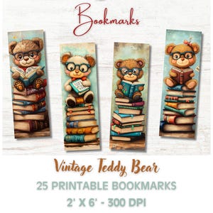 Vintage Teddy Bear Reading Bookmark, 25 PNG/JPG Printable Bookmarks, Watercolor Children&#39;s Book Illustration, Book Lover Gift
