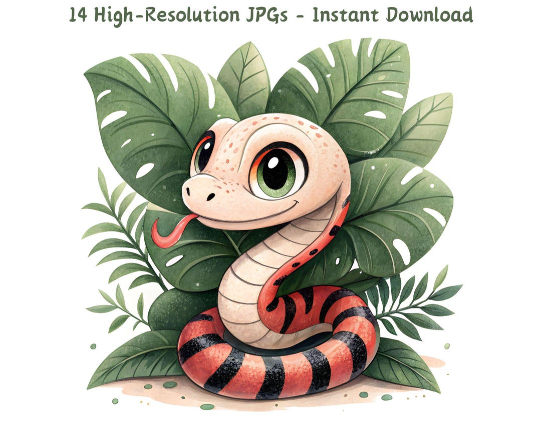 Cute Tropical Snake Watercolor Clipart, Cartoon Snake Art, 14 JPG Files ...