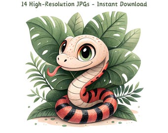 Schattige tropische slang aquarel clipart, cartoon slang kunst, 14 JPG-bestanden, jungle dieren afdrukbare, slang illustratie, kaarten maken