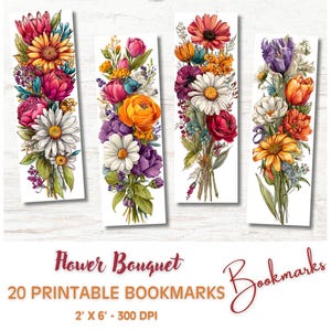 Vibrant Watercolor Flower Bouquet Bookmark Set | 2x6 in Printable Floral Bookmarks | 20 PNG / JPG Files | Instant Download