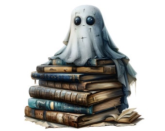 Clipart de fantasmas de Halloween en libros: 20 archivos JPG para uso comercial (descarga digital)