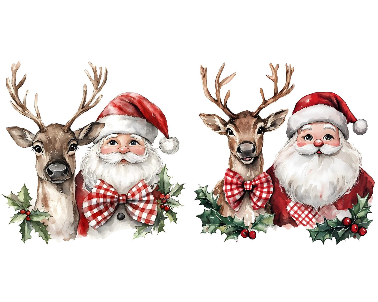 Watercolor Santa & Reindeer Clipart – 12 PNG Christmas Holiday Art ...