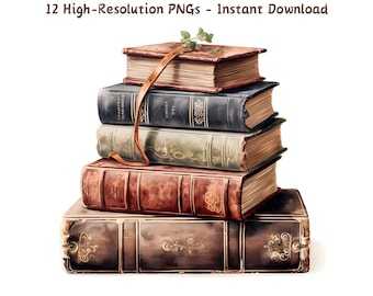 Watercolor Antique Book Stack Clipart: Vintage Illustration (12 PNG Files)