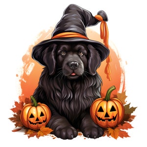 Clipart chien Terre-Neuve d'Halloween, 12 fichiers JPG, aquarelle, Halloween mignon, chien d'Halloween, créations numériques sur papier, usage commercial